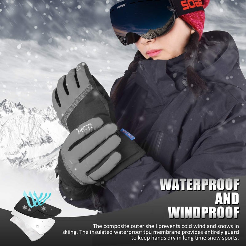 MCTi Ski Gloves,Winter Waterproof Snowboard Snow 3M Thinsulate Warm Touchscreen Cold Weather Women Gloves Wrist Leashes Grey Large - Image 2